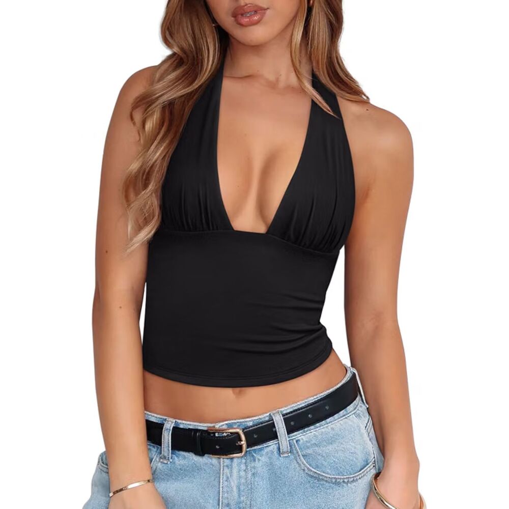 REORIA Black Halter Crop Top Deep V Open Back Going Out Top